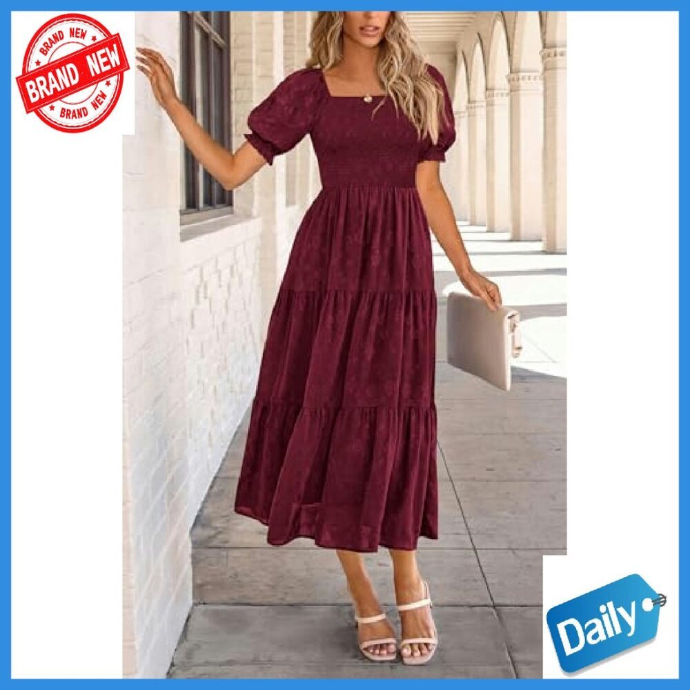 Square Neck Midi Dress with Pockets, Smocked Bodice, Ruffle Sleeves - Picture 6 of 8